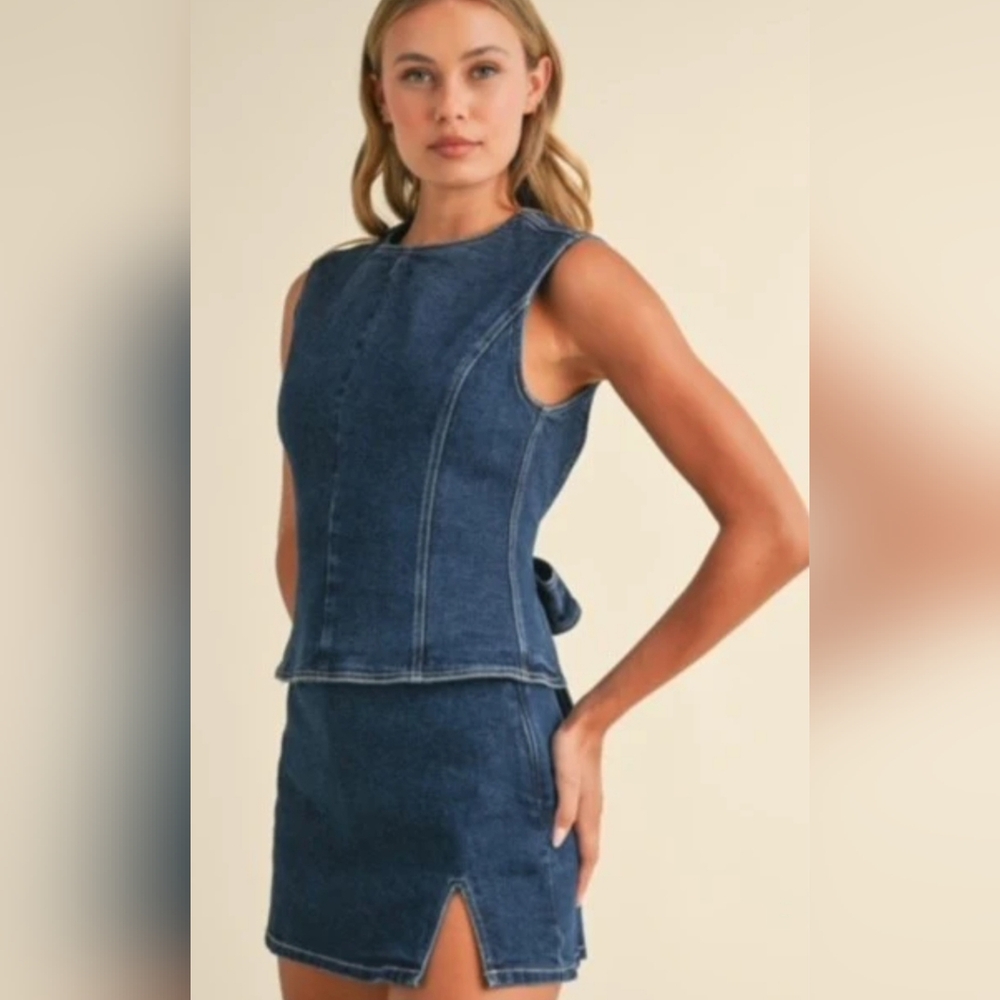 Klesis Delany 2pc Denim Skirt Set Size Small Open Back Top Matching Mini Skirt